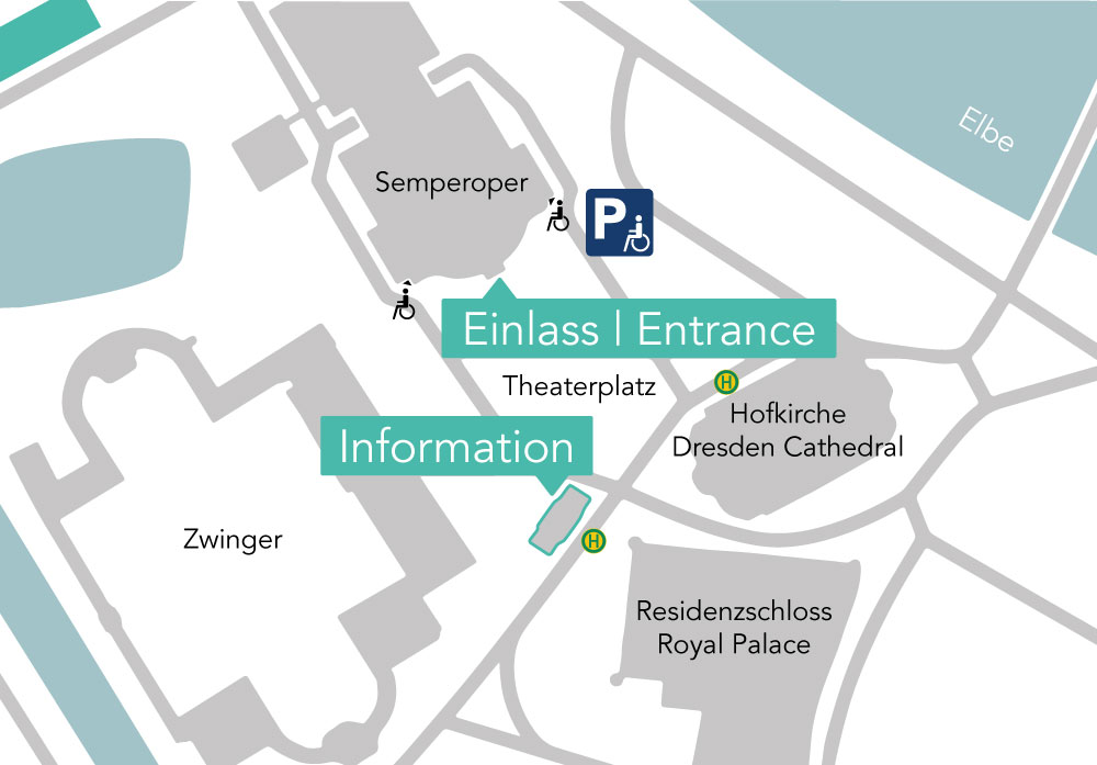 Eine Karte der Dresdner Innenstadt mit Hervorhebung der Semperoper, des Zwingers, der Hofkirche und des Residenzschlosses. Barrierefreie Parkplätze und Eingänge sind markiert, ebenso wie nahegelegene öffentliche Verkehrshaltestellen.