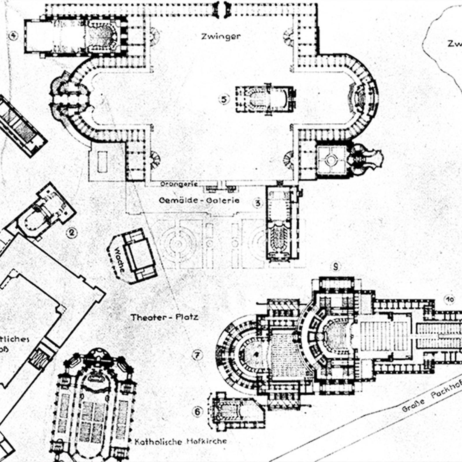 Ein historischer Architekturgrundriss mit detaillierten Gebäudezeichnungen in Dresden, darunter der Zwinger, die Katholische Hofkirche und die Semperoper, mit beschrifteten Strukturen und Wegen.