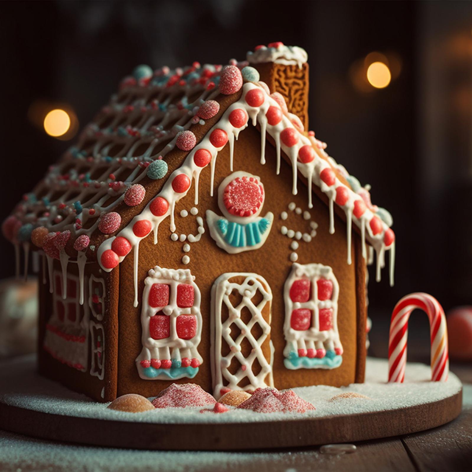 Ein bunt verziertes Lebkuchenhaus mit Zuckerguss, Bonbons und Geleekugeln, auf einer schneebedeckten Fläche arrangiert und in warmes, festliches Licht getaucht.