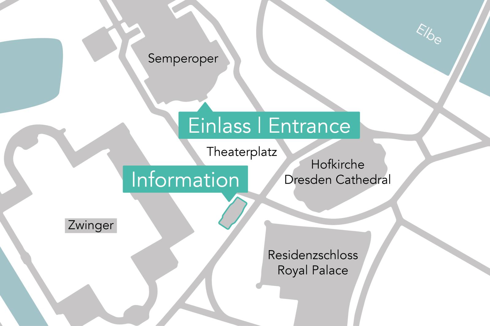 Vereinfachte Karte der Dresdner Innenstadt mit Hervorhebung von Semperoper, Zwinger, Hofkirche und Residenzschloss. Markierungen zeigen den Einlass am Theaterplatz sowie den nahegelegenen Informationspunkt.