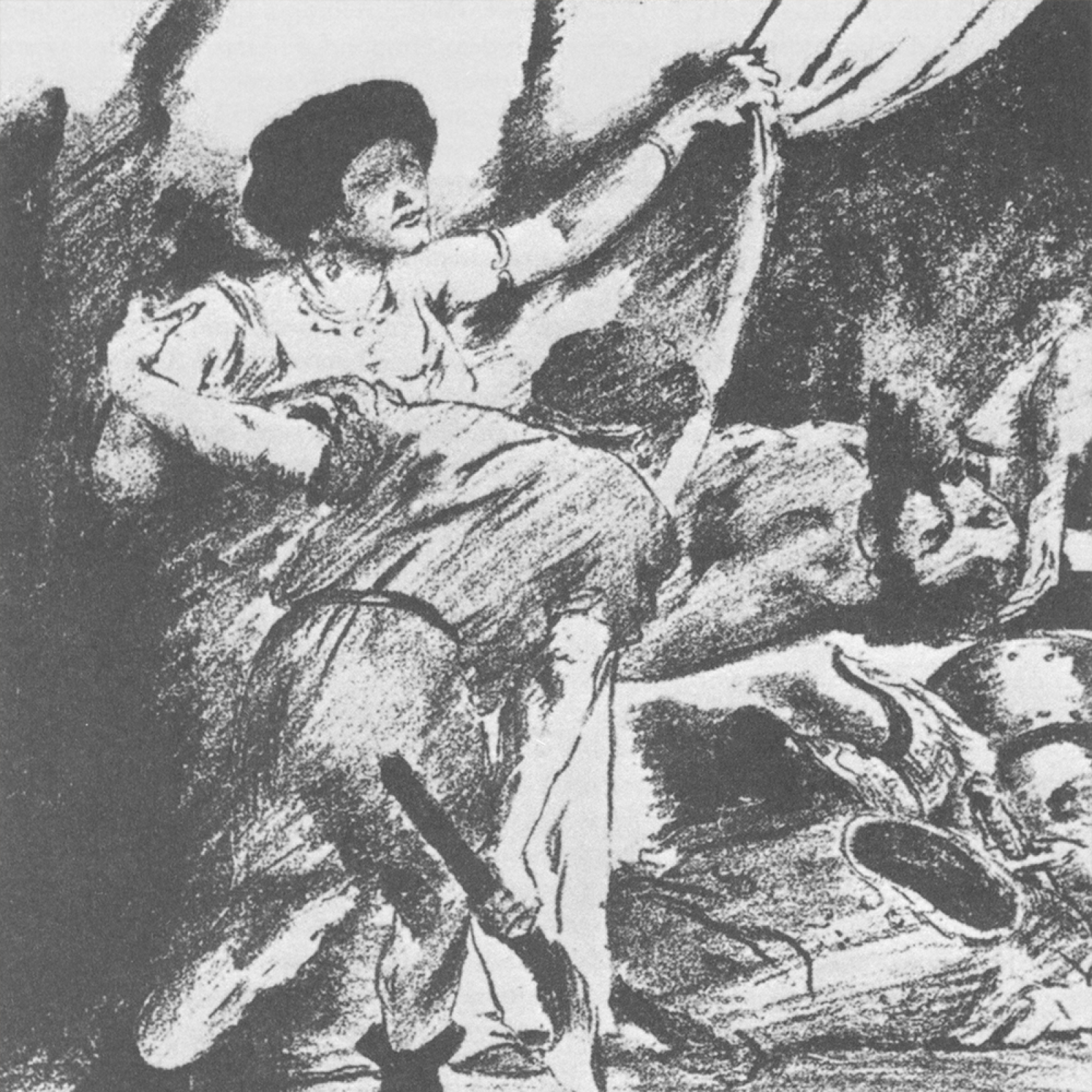 Schwarz-weiße historische Zeichnung einer dramatischen Theaterszene mit einer zentralen Figur in expressiver Bewegung, ausgeführt in einem lockeren, dynamischen Stil, wie er für frühe Bühnen- oder Kostümentwürfe typisch ist.